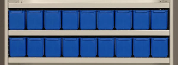 AT41 Parts Trays Showing Nine Trays on 900mm Wide x 400mm Deep Shelf