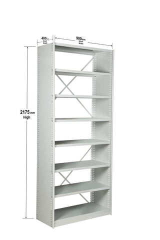 Angled view with dimensions of BS203 Steel Shelving Kit with 8 Shelves