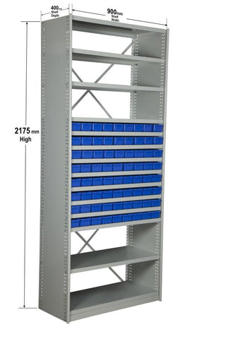 Angled View with dimensions of VISIPLAS BS219 Steel Shelving Kit with 14 Shelves and 72 x AT40 Parts Trays