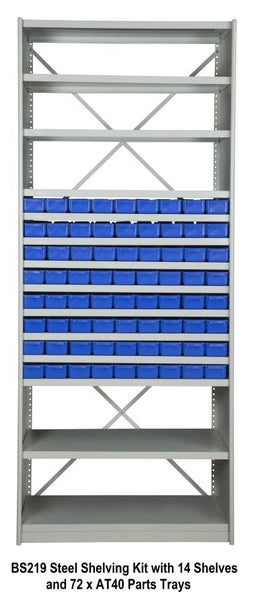 BS219 Steel Shelving Kit with 14 Shelves and 72 x AT40 Parts Trays