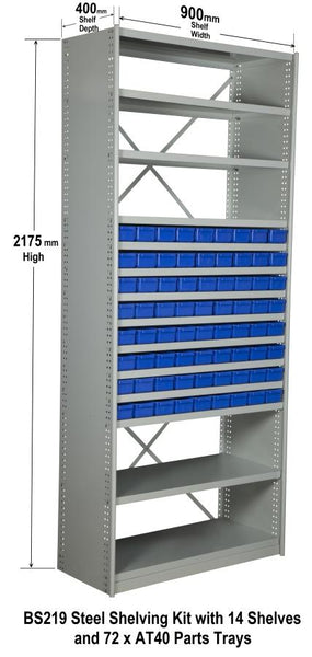 BS219 Steel Shelving Kit with 14 Shelves and 72 x AT40 Parts Trays