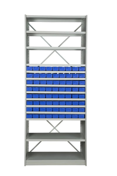 Front View of VISIPLAS BS219 Steel Shelving Kit with 14 Shelves and 72 x AT40 Parts Trays
