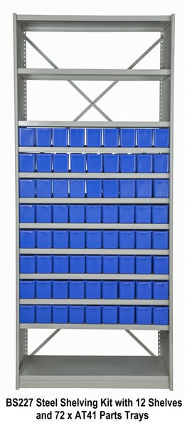 BS227 Steel Shelving Kit with 12 Shelves and 72 x AT41 Parts Trays