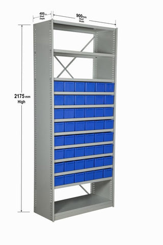 Angled View with Dimensions of VISIPLAS BS237 Steel Shelving Kit with 12 Shelves and 48 x AT42 Parts Trays