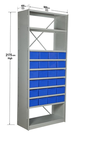 Angled View with Dimensions of VISIPLAS BS245 Steel Shelving Kit with 10 Shelves and 24 x AT43 Parts Trays