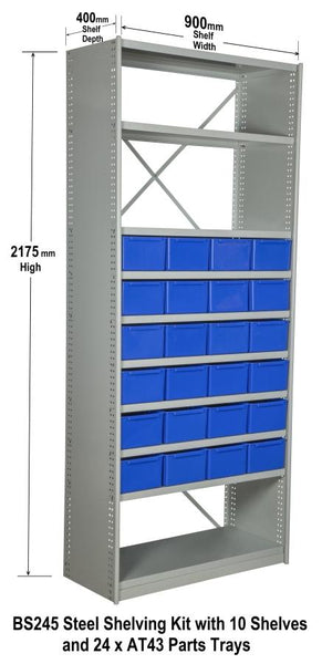 BS245 Steel Shelving Kit with 10 Shelves and 24 x AT43 Parts Trays