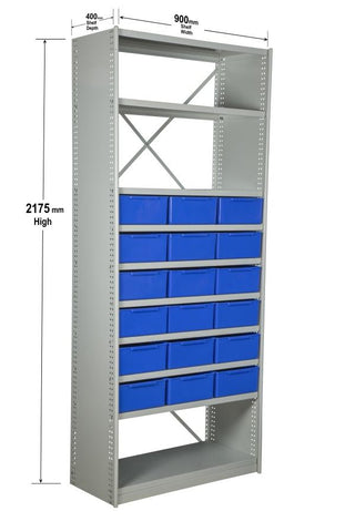 Angled View of VISIPLAS BS255 Steel Shelving Kit with 10 Shelves and 18 x AT44 Parts Trays