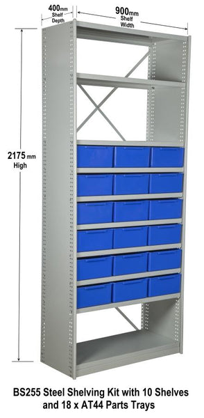 BS255 Steel Shelving Kit with 10 Shelves and 18 x AT44 Parts Trays
