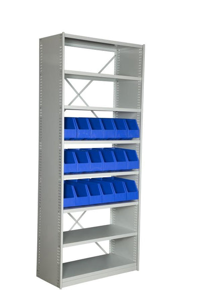Angled View of VISIPLAS BS263 Steel Shelving Kit with 8 Shelves and 18 x AP42 Picking Bins