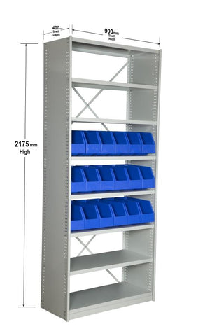 Angled View with Dimensions of VISIPLAS BS263 Steel Shelving Kit with 8 Shelves and 18 x AP42 Picking Bins
