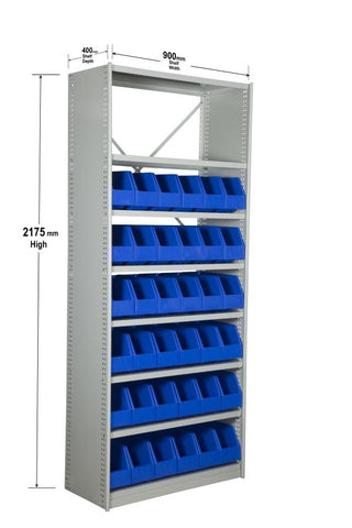 Angled View with Dimensions of VISIPLAS BS264 Steel Shelving Kit with 8 Shelves and 36 x AP42 Picking Bins