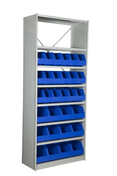 Angled View of VISIPLAS BS283 Steel Shelving Kit with 8 Shelves, 18xAP42 and 12xAP43 Picking Bins