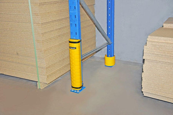 VISIPLAS AX115 Pallet Deflector shown on rear upright of pallet rack.